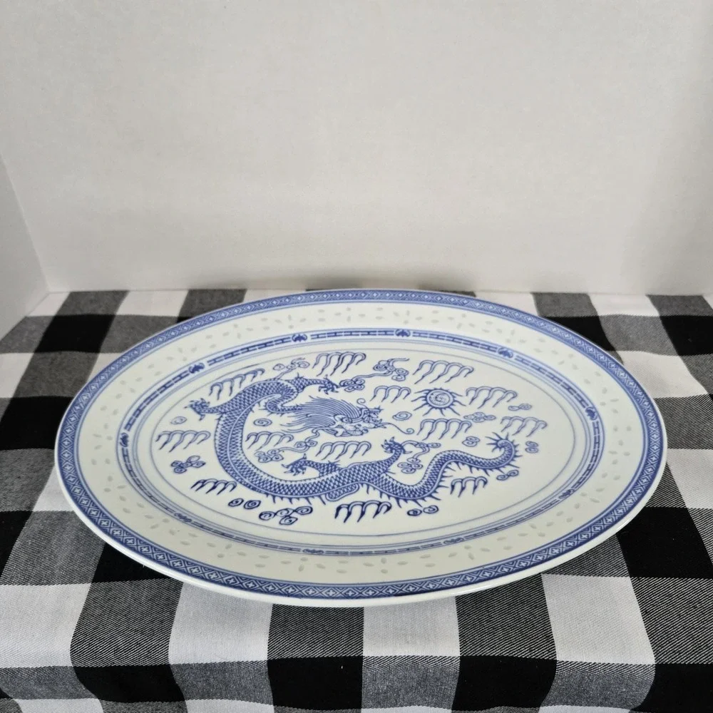 Vintage Jingdezhen Chinese Rice Eye Dragon Oval Large Serving Platter 16